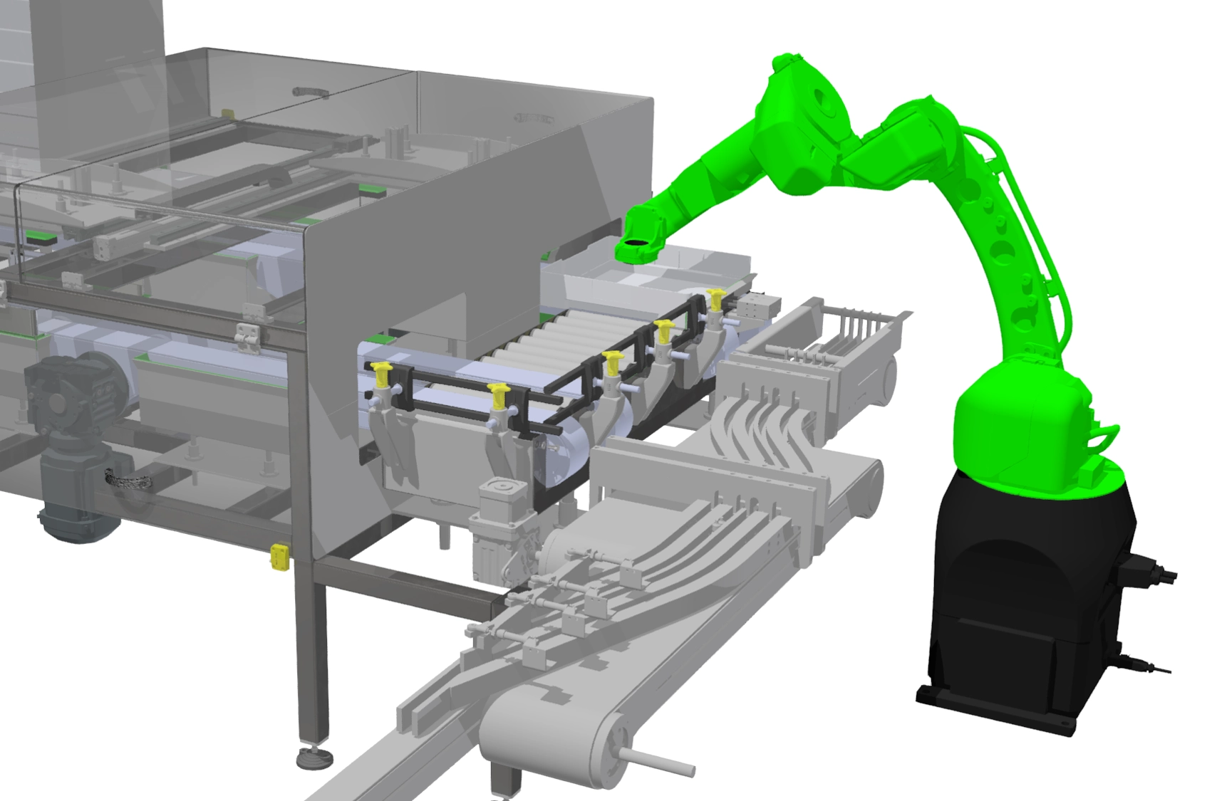 Cobot aan afvoerlijn voor geautomatiseerde verwerking